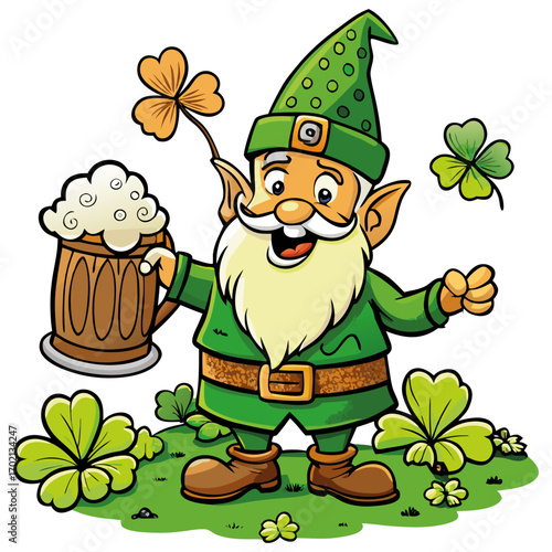 Happy Leprechaun Holding Beer Mug Surrounded by Clovers on Transparent Background.