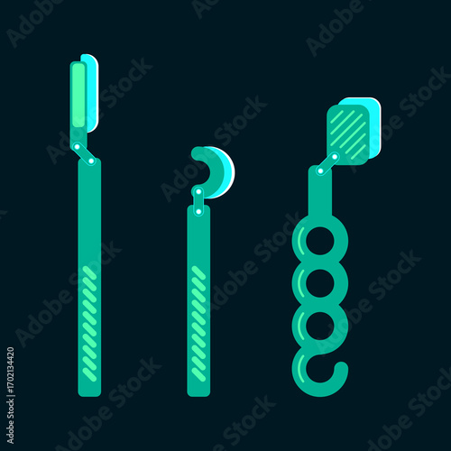 Green surgical scalpels of various shapes. On a dark background. Medicine. Medical instrument. Vector illustration.eps