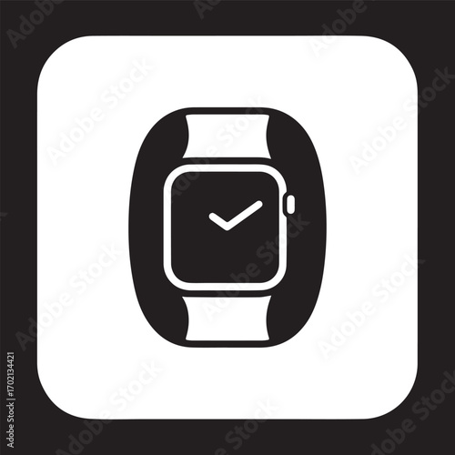 A minimalist black and white icon representing a smartwatch. The watch face displays a simple check mark symbol.