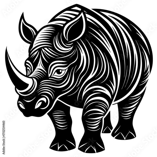 Bold black rhinoceros design on white background