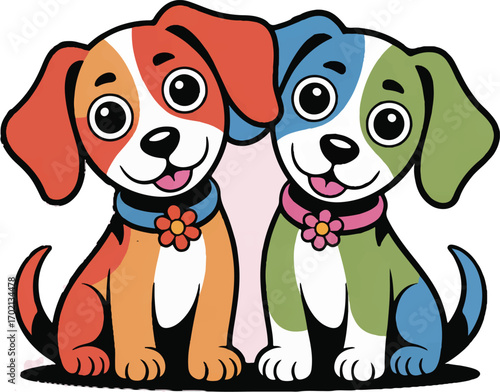 Two cartoon puppies with colorful patches dogs