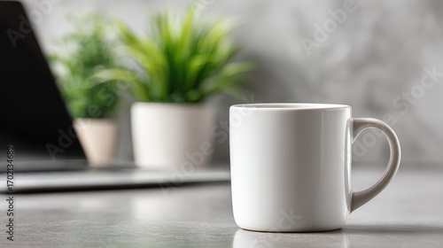 Wallpaper Mural Office Desk Still Life: White Mug, Laptop, and Potted Plants in a Minimalist Workspace Torontodigital.ca