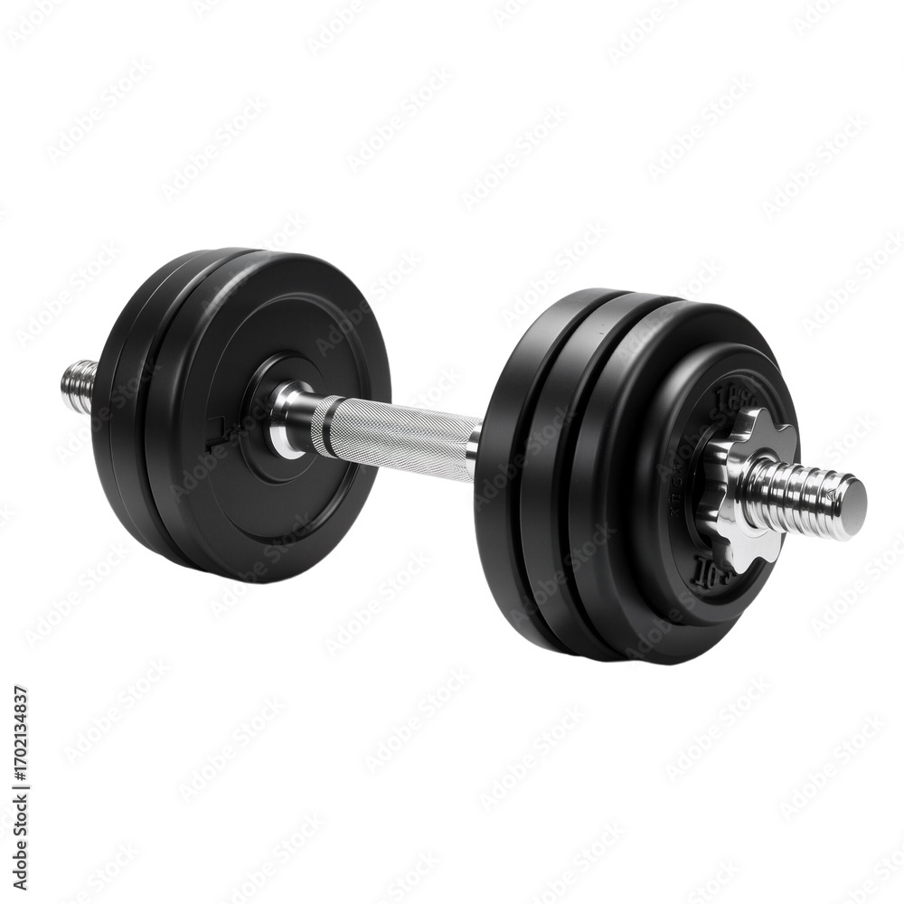 Naklejka premium A sleek, black adjustable dumbbell takes center stage against a pristine white background, showcasing its modern, space-saving design and engineered precision. Featuring a chrome-finished bar and mult