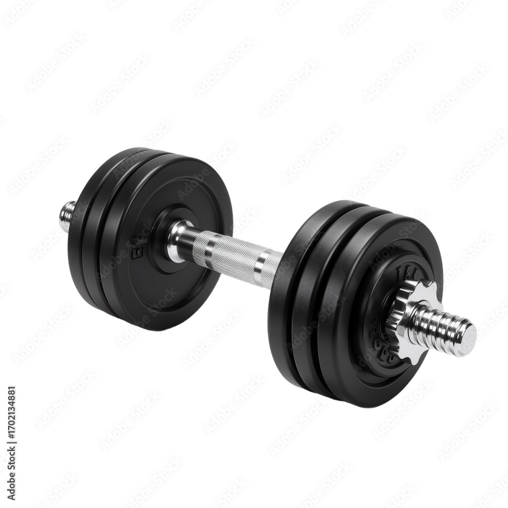 Fototapeta premium A sleek, black adjustable dumbbell takes center stage against a pristine white background, showcasing its modern, space-saving design and engineered precision. Featuring a chrome-finished bar and mult