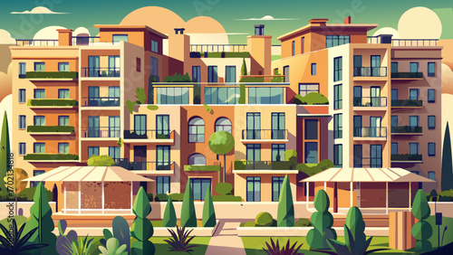 A modern European apartment complex, featuring warm beige facades, rooftop gardens, and glass railings, creating a chic and eco-friendly environment for contemporary city living and sophisticated resi