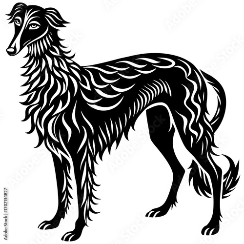 Elegant black borzoi dog silhouette on white background