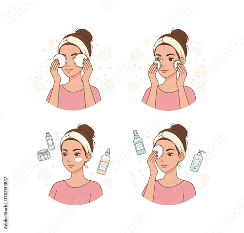 A woman applies soaked cotton pads to her face and eyes. Vector illustrations set isolated.