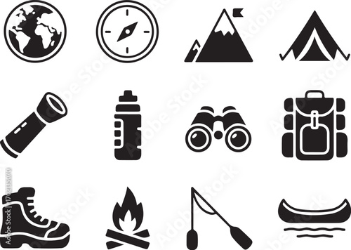 Adventure icons: explore, hike, camp, fish, travel gear