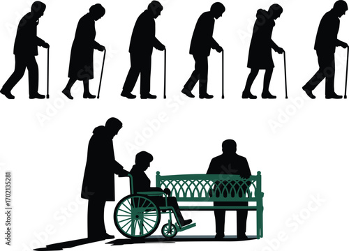 Elderly people silhouettes walking with cane, sitting on bench, pushing wheelchair, healthcare concept, aging population support vector illustration