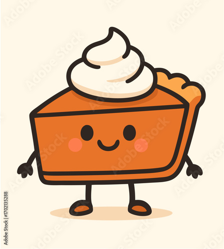 A cute and happy slice of pumpkin pie, a smiling cartoon dessert character with whipped cream