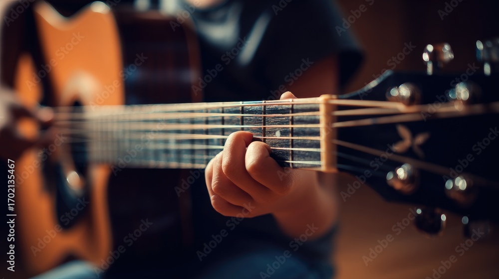 Fototapeta premium A person playing an acoustic guitar in a dimly lit room.