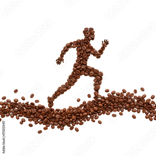 A striking artistic illustration presents a human figure mid-stride, dynamically composed entirely of coffee beans and set against a clean white background. The runner emerges from a sweeping trail of