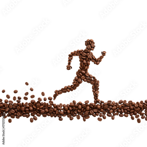 A striking artistic illustration presents a human figure mid-stride, dynamically composed entirely of coffee beans and set against a clean white background. The runner emerges from a sweeping trail of