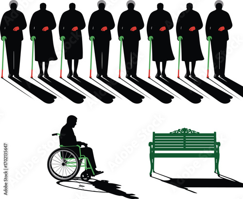 Elderly people silhouettes with cane, senior in wheelchair, long shadows, retirement scene, disability support, aging lifestyle, outdoor bench illustration