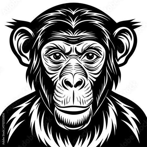 Stylized black chimpanzee illustration on white background