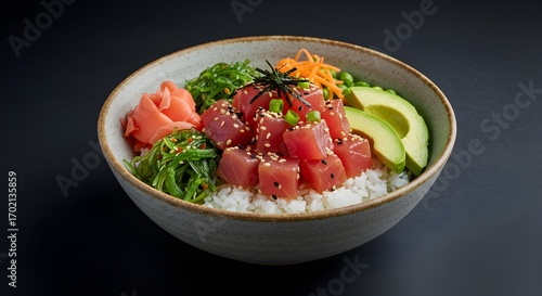 Poke bowl with tuna rice and vegetables