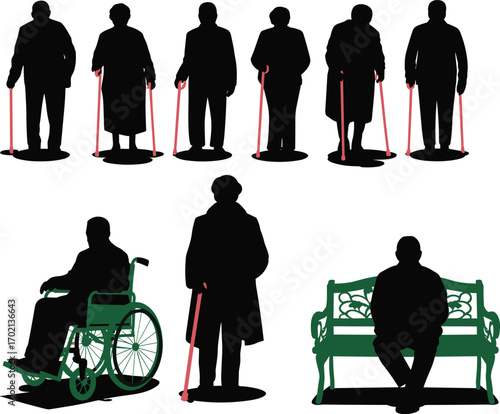 Elderly people silhouettes, senior citizens with canes and wheelchair, aging individuals sitting on bench, senior care, retirement lifestyle icons