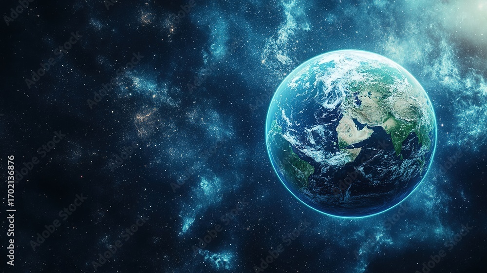 Obraz premium continent. Vibrant Earth globe floating in space, showcasing continents with atmospheric lighting. ESG reports, sustainability campaigns, designed for environmental awareness campaigns.