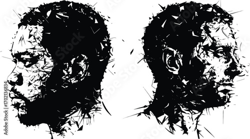 Abstract art of man face shattering on transparent. fractured and fragmented with a marble texture. Conveys themes of decay, fragility, and hidden beauty.