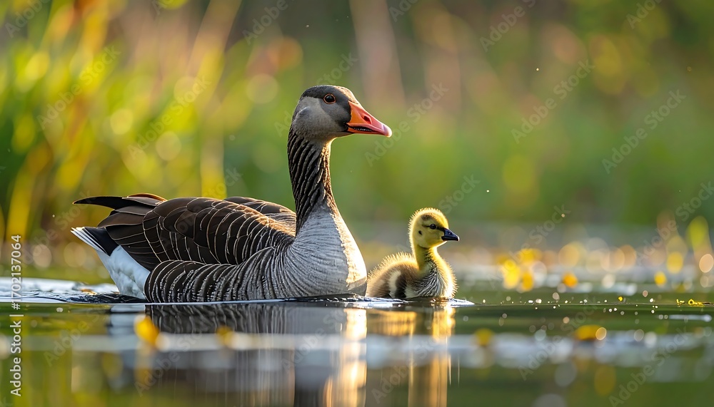 Fototapeta premium A graceful greylag goose and its fluffy gosling gracefully glide across a tranquil pond, bathed in the soft golden light of dawn.