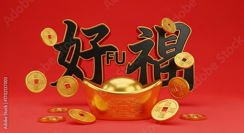 Chinese New Year Celebration with Gold Ingots and Coins.