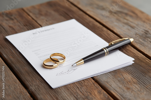 Couple signs marriage license with rings on wooden table