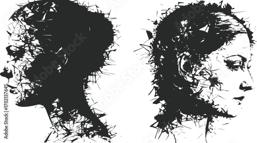 Abstract art of a woman's face shattering on transparent. fractured and fragmented with a marble texture. Conveys themes of decay, fragility, and hidden beauty.