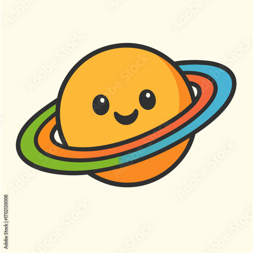 Cute cartoon Saturn planet character with a happy smiling face and colorful rings on a light background