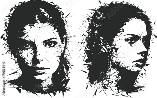 Abstract grunge portrait of a woman's face on transparent. fractured and fragmented with a marble texture. Conveys themes of decay, fragility, and hidden beauty.