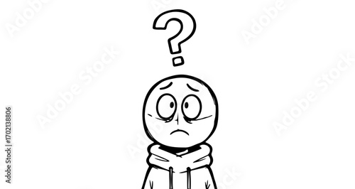 A simple black and white line art illustration of a confused cartoon character with a question mark above its head, on an isolated, transparent background