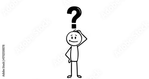 A simple hand-drawn stick figure scratching its head in confusion under a large question mark, a vector concept isolated on a transparent background
