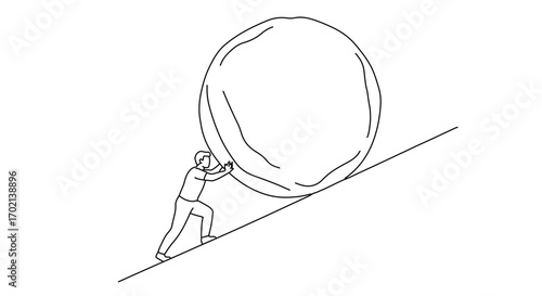 Simple line drawing of a determined person pushing a large round boulder up a steep hill, a metaphor for struggle and perseverance, on an isolated, transparent background
