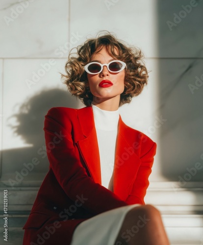 Fashionable woman in red blazer, white turtleneck and bold sunglasses posing confidently in sunlight. Stylish modern portrait with retro vibes, luxury elegance and chic aesthetic for editorial design.