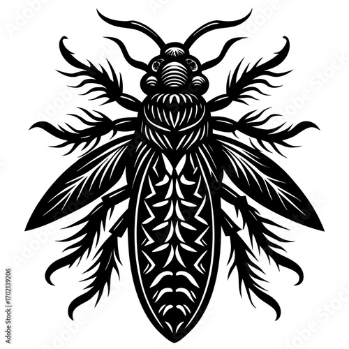 Abstract bagworm insect design with colorful accents on white background