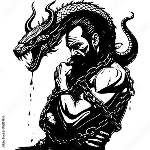 Man in chains with a dragon wrapped around his neck