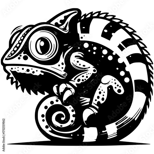 Chameleon illustration with big eyes and curled tail