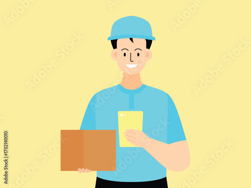 flat vector illustration design of a courier looking at package documents when delivering a package