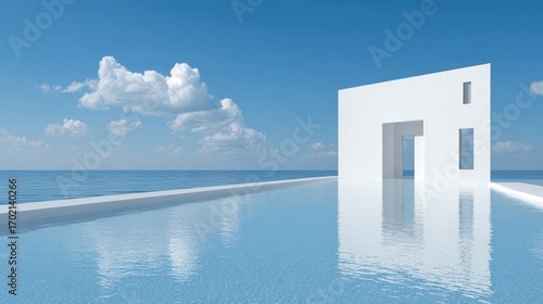 A serene  minimalist white cube structure with a glass infinity pool overlooking the ocean.