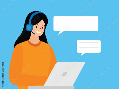 vector flat design illustration of a female customer service person talking to a customer on a laptop
