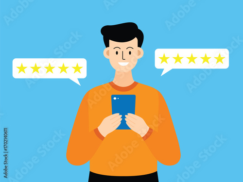 vector flat design illustration of a man giving a five star rating