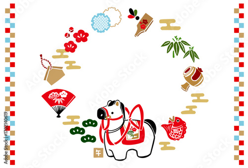 レトロな手描きイラストの年賀状素材：和風、背景、年賀状テンプレート、干支、新年のお祝い、午年