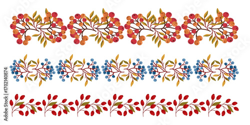 Set of autumn dividers with rowan, rosehip, and black berries branches. Perfect botanical elements for seasonal cards, banners, and fall decorations.