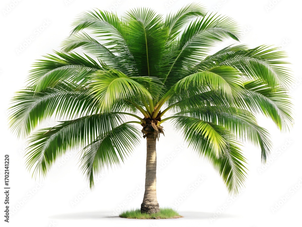 Obraz premium Lush green palm tree with full fronds isolated on a white background