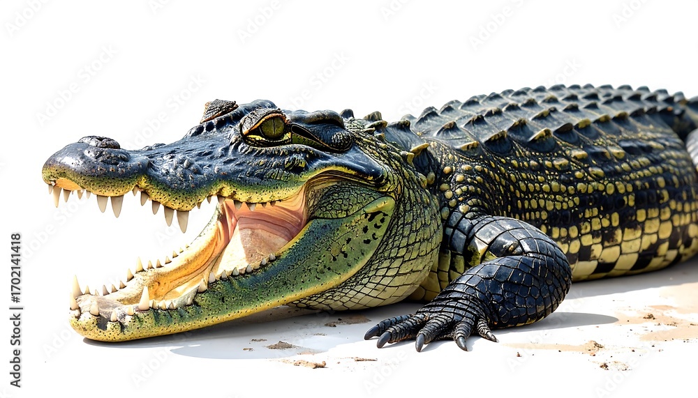 Naklejka premium Captivating Crocodile Portrait Revealing Scales and Sharp Teeth in Detail