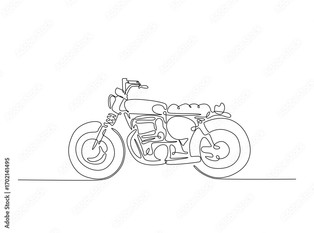 Fototapeta premium Retro motorcycle in single outline illustration. Continuous line art drawing of retro classic motorcycle. Editable stroke.