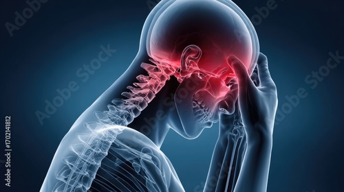 Wallpaper Mural A human figure holding their head in pain, with visible bones and muscles in a blue and black gradient background. Torontodigital.ca