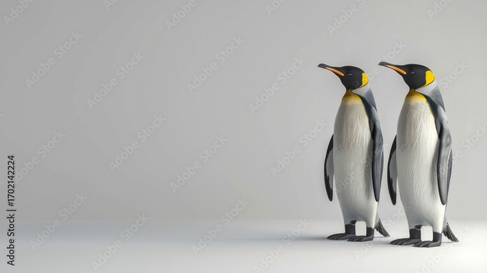 Fototapeta premium Two Penguin Figurines Standing on White Surface Against Light Gray Background
