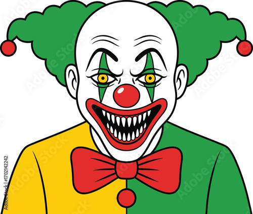 Scary clown with green hair yellow eyes and red bow tie