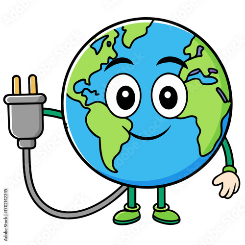 Happy cartoon Earth character holding an electrical plug ready to power up global sustainability efforts