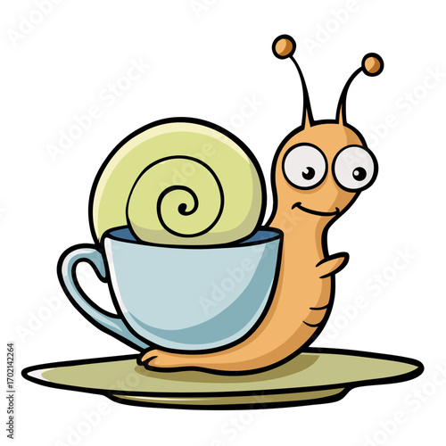 Whimsical cartoon snail peeking from a light blue teacup on a saucer brings a smile to your face, perfect for playful designs.